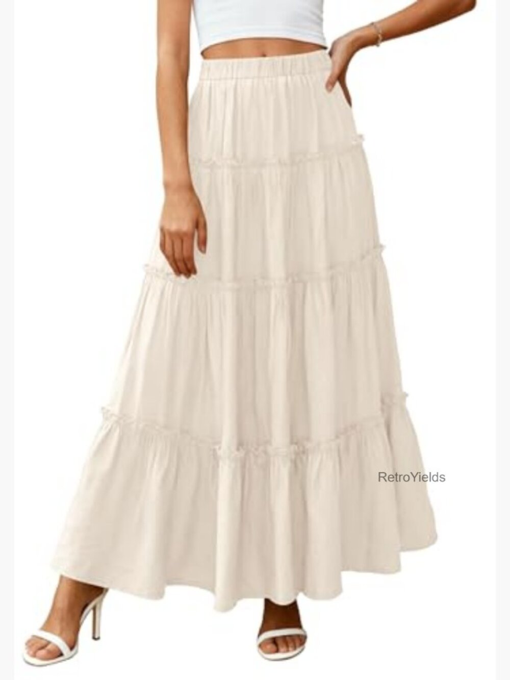 Boho Maxi Skirt with Pockets High Waisted Tiered A-Line Flowy Long Skirt - Picture 2 of 7